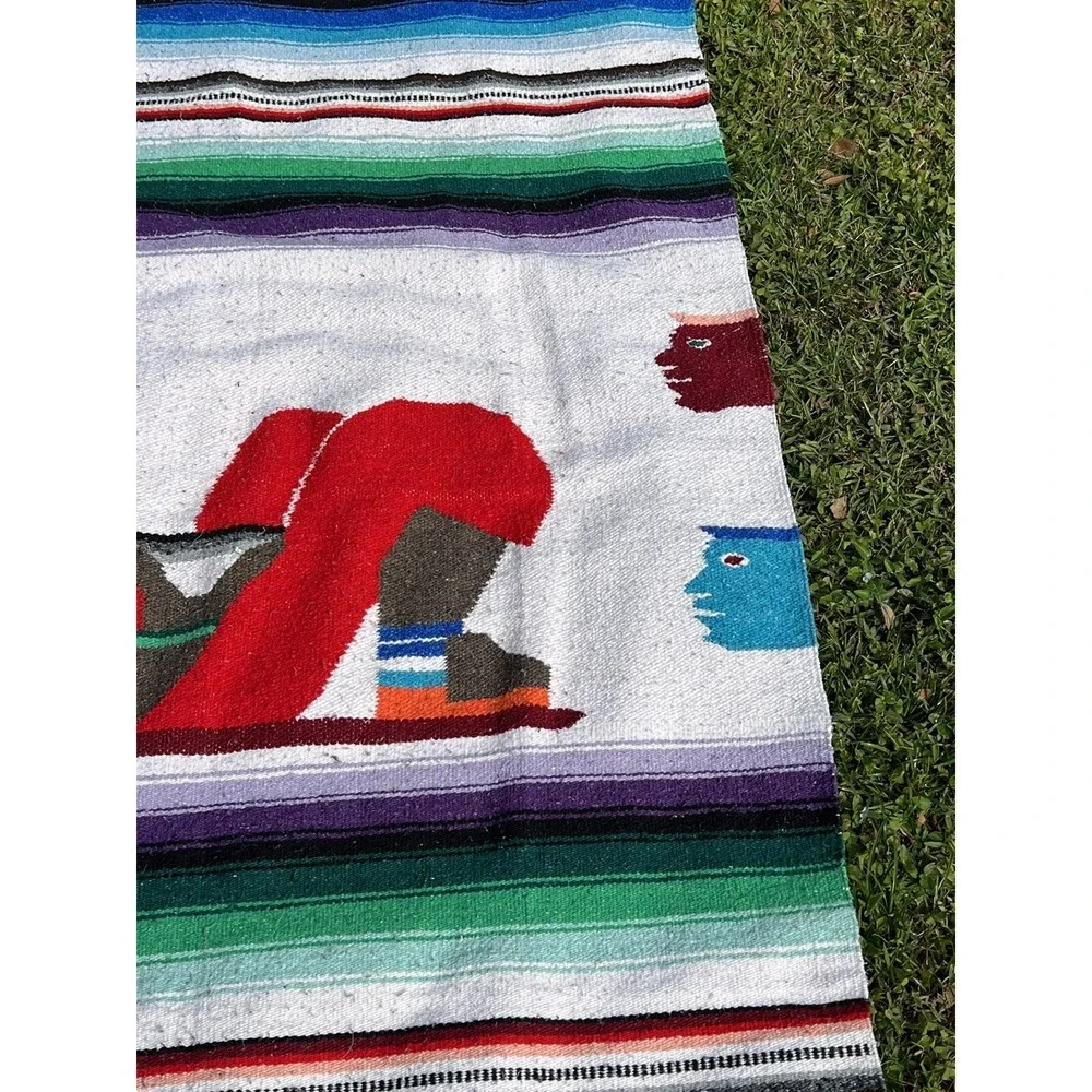 Vintage Wool Multicolor‎ Aztec Striped Throw Blanket 77